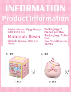 Detaillierte Maße der Harz-Schweinchenfigur und Infos zur rosa Blind Box Verpackung