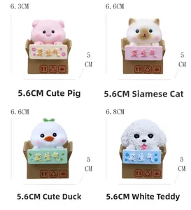 Detailed size dimensions of four cute cartoon animal desk figurines in delivery boxes
