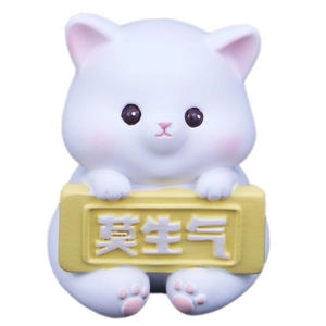 Cute white resin cat figurine with Mo Sheng Qi sign for car dashboard and desk decor