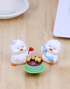 Cute resin cartoon ducks and mini birthday cake figurines for desktop decoration