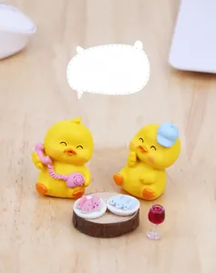 Cute duck figurines set with mini props and wooden base for creative desktop decoration