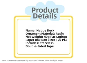 Detail card of resin duck figurine showing 40g weight and adhesive tape accessory