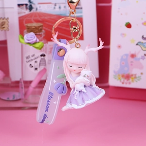 Cute deer girl keychain with purple strap and cat doll for backpack decoration