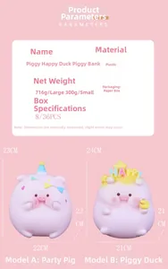 Detailed size specifications for a large cartoon pig vinyl coin bank with pink details