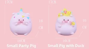 Detail view of pink resin piggy bank ornaments with dimensions 17cm by 16cm