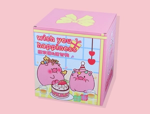 Close-up of pink square piggy bank gift box with cute cartoon pig and cake patterns