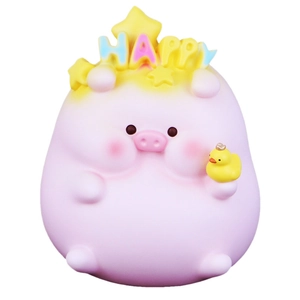 Cute pink pig money box with small yellow duck and happy star decoration