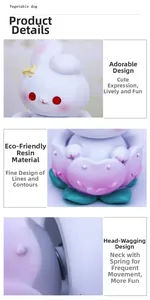 Detail of eco-friendly resin bunny figurine with shaking head spring and lotus base