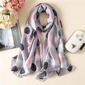 Silver-grey rose floral print satin scarf for women with elegant silk-like texture and shine