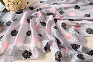 Close-up of silk-textured scarf with elegant rose patterns and a smooth glossy finish