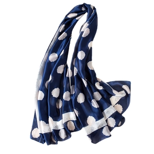 Elegant navy blue rose floral silk scarf with polka dots and striped edge details