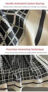 Detail of high-quality stitching and active carbon dyeing on black and white plaid silk scarf