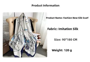 Detail view of long silk-feel scarf with nautical chain prints, size 90x180cm