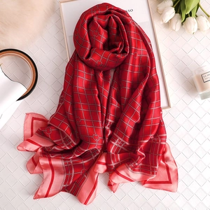 British style red plaid silk scarf with heart lock pattern and soft satin finish