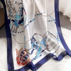 Elegant silk-like scarf with nautical chain print on white satin and navy border