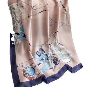 Champagne long silk scarf with nautical prints and navy border for spring and autumn