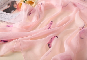 Detail of pink calla lily floral print on semi-transparent lightweight scarf fabric