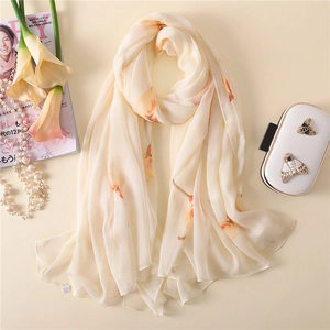 Elegant 100% silk floral shawl for women with orange calla lily print on ivory base