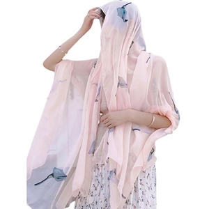 Elegant pink chiffon scarf with floral print, lightweight pashmina shawl for women