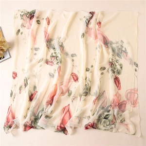 Detailed texture of lightweight cream scarf with elegant pink floral prints and soft drape