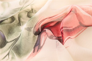 Macro shot of elegant floral print silk scarf with semi-transparent mesh texture