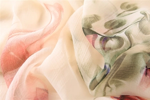 Macro shot of lightweight floral silk scarf with elegant watercolor flower patterns