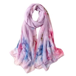 Chiffon floral shawl scarf with lilac pink flower prints for beach sun protection