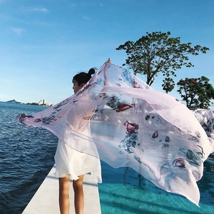 Elegant purple silk scarf with red rose floral print for beach resort sun protection