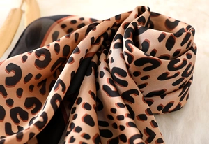 Detailed close-up of leopard print silk scarf texture on white faux fur background