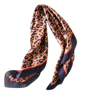 Leopard print silk scarf with navy borders and elegant satin finish for women