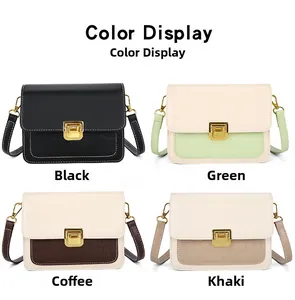 Detailed color display of square crossbody bags in black, green, brown, and khaki finishes