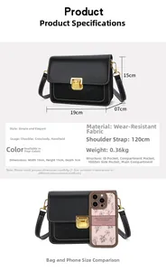 Size comparison of black crocodile pattern leather crossbody bag with a smartphone
