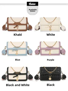 Collection of six elegant crossbody square bags with wide patterned straps and metal charms