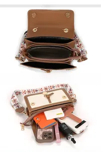Detail view of the multi-compartment interior and spacious storage for mobile and makeup