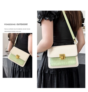 Detail of light green crocodile pattern and gold metal clasp on a dual-tone crossbody bag