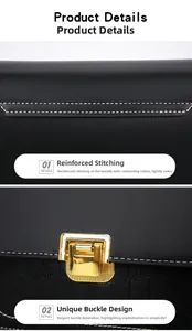 Detailed shot of reinforced contrast stitching and gold metal buckle on black leather bag
