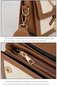 Detail view of detachable golden hardware buckle and logo zipper on crossbody bag