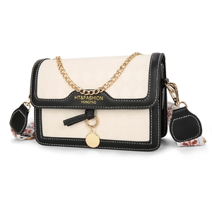 Quilted PU Leather Crossbody Bag For Women Rhombic Small Square Shoulder Bag With Metal Chain And Wide Embroidered Strap