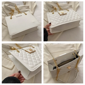 Detailed views of white quilted crossbody bag featuring gold hardware and chain strap