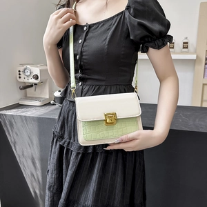 Fashionable two-tone cream and green faux crocodile crossbody square bag with gold buckle