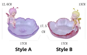 Macro detail of fairy flower resin snack tray showing purple and pink color variants