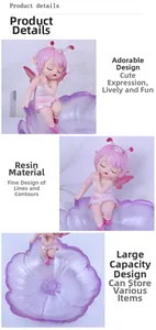 Detailed views of a pink resin fairy ornament sitting on a purple floral candy tray