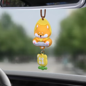 Cute Shiba Inu car charm with Ping An Xi Le tag hanging on car rearview mirror