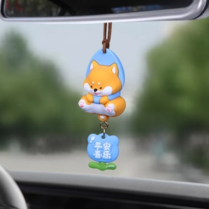 Cute Shiba Inu car mirror hanging ornament with blue flower charm and safety blessing