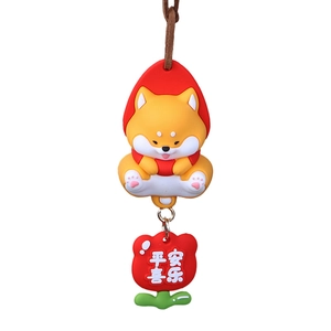 Cartoon Shiba Inu car hanging ornament with red tulip charm and peaceful blessing text