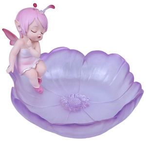 Fairy girl figurine on purple flower-shaped resin snack storage tray for home decor