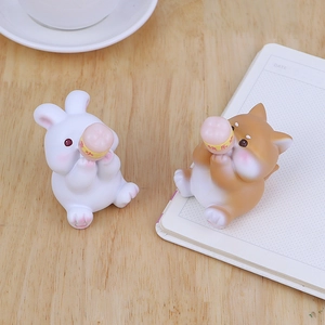 Cute resin bunny and shiba inu figurines drinking soda for car and desk decoration