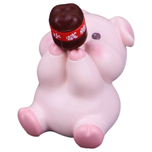 Cute pink resin pig ornament holding a soda bottle for car dashboard and desk decor