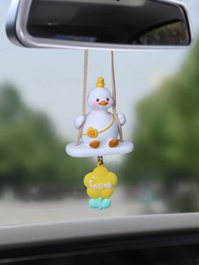 Creative Momo Duck swinging car rearview mirror pendant with Happy Duck floral tag