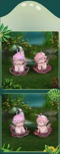 Detailed close-up of pink fairy figurines with transparent wings on petal bases
